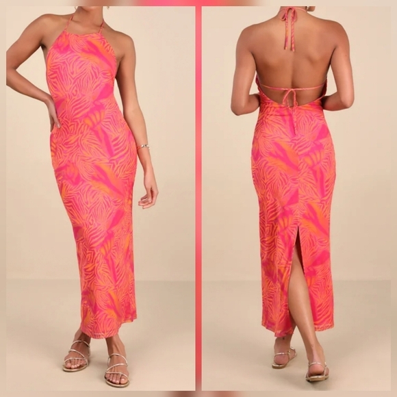 Lulus Dresses & Skirts - Lulus Camadi Hot Pink Animal Print Mesh Backless Midi Dress, Size XS